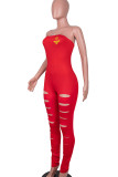 Röd sött tryck ihåliga lapptäcke Axelbandslösa Skinny Jumpsuits