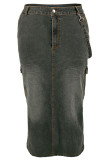 Schwarze, graue, lässige Street-Solid-Jeans in Übergröße mit Patchwork-Taschen, Knöpfen und Reißverschluss