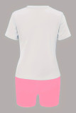 blanco rosa casual estampado patchwork o cuello manga corta dos piezas