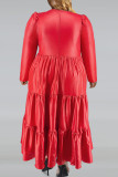 Rote Vintage solide Patchwork-Falten-Reißverschluss-O-Ausschnitt-Kuchenrock-Kleider in Übergröße