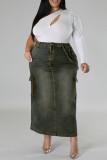 Schwarze, graue, lässige Street-Solid-Jeans in Übergröße mit Patchwork-Taschen, Knöpfen und Reißverschluss