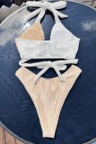 White Coffee Sportswear Bandage Hollowed Out Patchwork Swimwears(With Paddings)