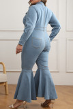 Ljusblå Sweet Solid Patchwork Pocket Dragkedja Turndown Krage Plus Size Jumpsuits