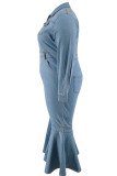 ディープブルー スウィート ソリッド パッチワーク ポケット ジッパー ターンダウン カラー プラス サイズ ジャンプスーツ