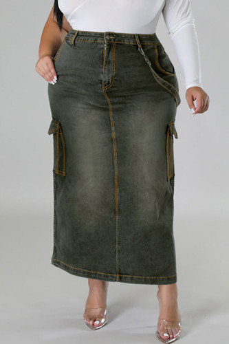 Preto cinza casual rua sólido fazer velho retalhos bolso botões zíper plus size jeans
