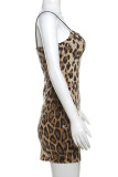 Robes à bretelles sexy imprimé léopard patchwork dos nu à bretelles spaghetti