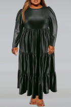 Schwarze Vintage-Kleider mit festem Patchwork-Faltenreißverschluss und O-Ausschnitt-Kuchenrock in Übergröße