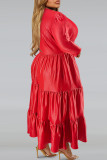 Rouge Vintage solide Patchwork pli fermeture éclair col rond gâteau jupe robes de grande taille