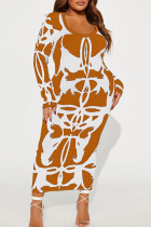 Mandarijnrode sexy print patchwork U-hals gewikkelde rok Plus maten jurken
