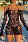 Black Sexy Solid Lace Hollowed Out Patchwork See-through Lingerie