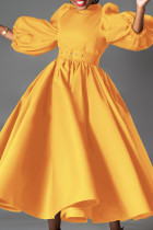 Amarillo elegante patchwork liso con cinturón medio cuello alto vestidos de una línea