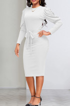Branco elegante sólido bandagem patchwork dobra o pescoço vestidos de saia enrolada