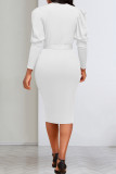Белые элегантные однотонные бандажные лоскутные платья-юбки со складками и круглым вырезом