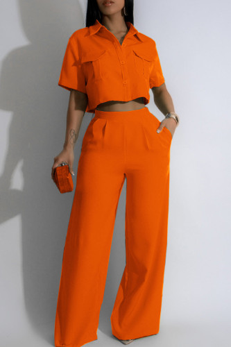 Tangerine Red Street Solid Patchwork Pocket Turndown Collar Short Sleeve Two Pieces Crop Blouse Tops And Wide Leg Pants Sets