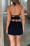 Zwarte sexy effen kant uitgeholde patchwork halter mini-jurken met split
