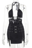 Black Sexy Solid Lace Hollowed Out Patchwork Slit Halter Mini Dresses