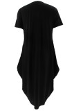 Black Elegant Print Patchwork O Neck Irregular Plus Size Dresses