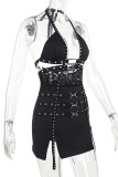 Черные сексуальные однотонные кружевные мини-платья с вырезом в стиле пэчворк и разрезом на шее