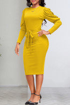 黄色のエレガントな固体包帯パッチワーク折りOネックラップスカートドレス