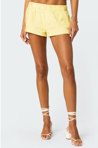 Желтые повседневные брюки с принтом в клетку в стиле пэчворк Свободные прямые брюки со средней талией и сплошным принтом