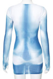 Blaue, lässig bedruckte Patchwork-Kleider mit Wickelrock und O-Ausschnitt
