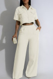 Cream White Street Solid Patchwork Pocket Turndown Collar Short Sleeve Two Pieces Crop Blouse Tops And Wide Leg Pants Sets