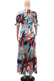Vestidos longos multicoloridos com estampa elegante patchwork babados com zíper e decote em V