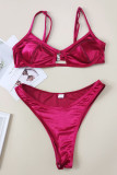 Rose Red Sportswear Solid Hollowed Out Patchwork Swimwears(With Paddings)