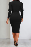 Vestidos de falda envueltos con cuello redondo y pliegues de retazos lisos elegantes negros