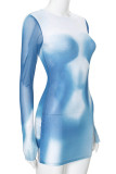 ブルー カジュアル プリント パッチワーク O ネック ラップ スカート ドレス