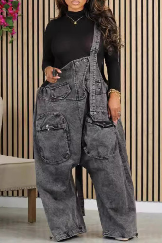 Черные уличные однотонные лоскутные карманные пуговицы Свободные однотонные брюки с высокой талией и широкими штанинами