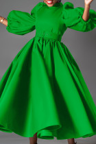 Verde elegante patchwork liso con cinturón medio cuello alto vestidos de una línea