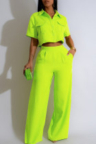 Fluorescent Green Street Solid Patchwork Pocket Turndown Collar Short Sleeve Two Pieces Crop Blouse Tops And Wide Leg Pants Sets