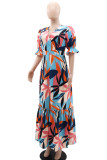 Multicolor Elegant Print Patchwork Flounce Slit Zipper V Neck Long Dresses