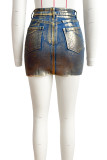 Goldfarbene, süße, solide Patchwork-Jeansröcke mit Taschenknöpfen, Reißverschluss und hoher Taille