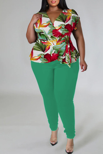 Green Casual Print Bandage Patchwork V Neck Plus Size Two Pieces