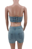 Blue Sexy Solid Patchwork Buttons Beading Zipper Strapless Sleeveless Two Pieces