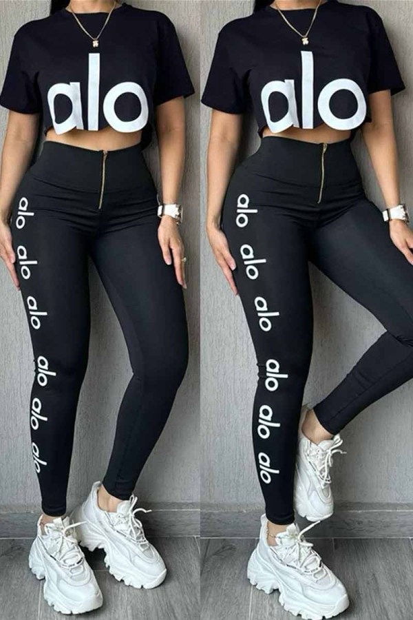 Black Casual Print Letter O Neck Short Sleeve Two Pieces Crop Tops And Pants Sets
