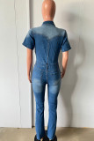 Azul elegante sólido retalhos bolso fivela turndown colarinho manga curta cintura alta macacões jeans regulares