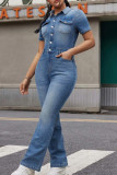 Blaue, elegante, solide Patchwork-Jeansoveralls mit Taschenschnalle, Umlegekragen, kurzen Ärmeln und hoher Taille