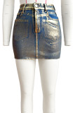 Goldfarbene, süße, solide Patchwork-Jeansröcke mit Taschenknöpfen, Reißverschluss und hoher Taille