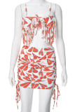 Red Street Print Lace Bandage Hollowed Out Patchwork Draw String Spaghetti Strap Sleeveless Two Pieces