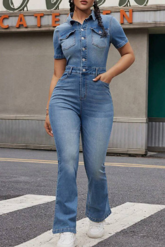 Azul elegante sólido retalhos bolso fivela turndown colarinho manga curta cintura alta macacões jeans regulares