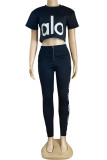 Black Casual Print Letter O Neck Short Sleeve Two Pieces Crop Tops And Pants Sets