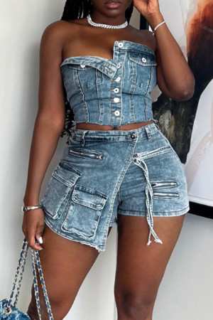 Blue Street Solid Patchwork Pocket Buttons Zipper Strapless Sleeveless Two Pieces Tube Tops And Shorts Sets