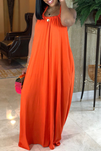 Tangerine Red Sweet Solid Patchwork Fold Halter Long Dresses