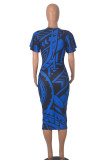Blue Elegant Print Patchwork Slit O Neck Long Dresses