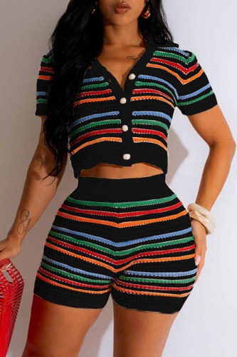 Black Casual Striped Print Patchwork V Neck Short Sleeve Two Pieces Knit Crop Tops And Shorts Set
