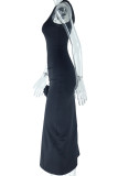 Schwarze, elegante, einfarbige, unregelmäßige Kleider mit Patchwork-Falten und O-Ausschnitt