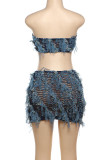 Blue Street Solid Tassel Patchwork Strapless Sleeveless Two Pieces